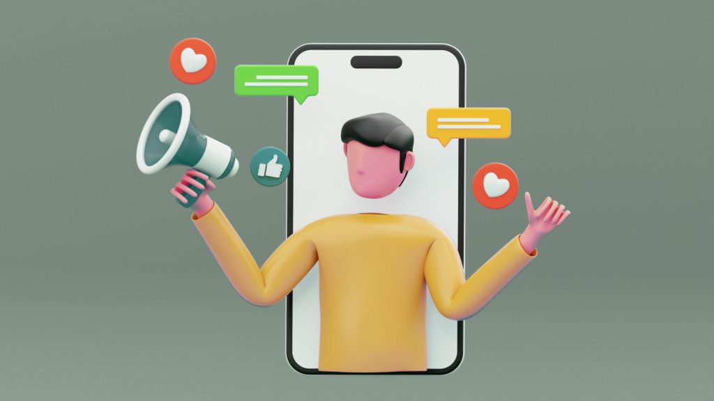 Illustration représentant la communication sur les réseaux sociaux : un personnage avec un mégaphone dans un téléphone mobile entouré d’icônes de médias sociaux, symbolisant le marketing digital et l’engagement en ligne.
