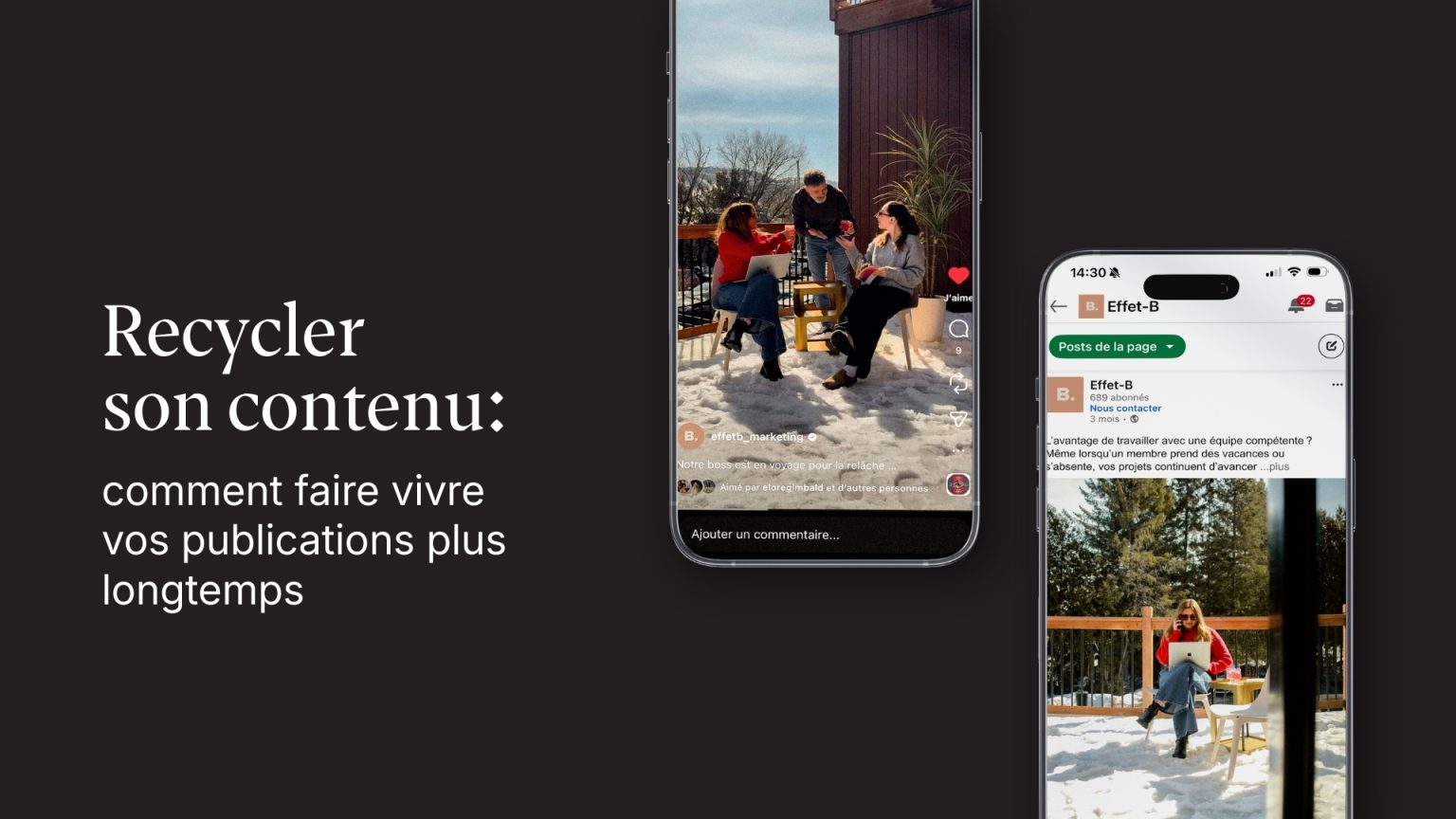 Recycler contenu réseaux sociaux : deux cellulaires affichant des publications sur les médias sociaux
